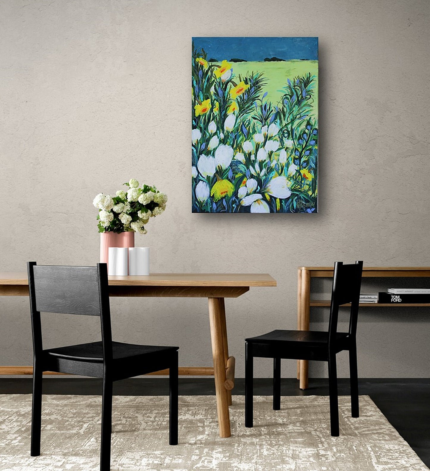 original floral painting, longing for far away, warmhouse, gift, acrylic paintings, flowers, blue, daffodils, bloom