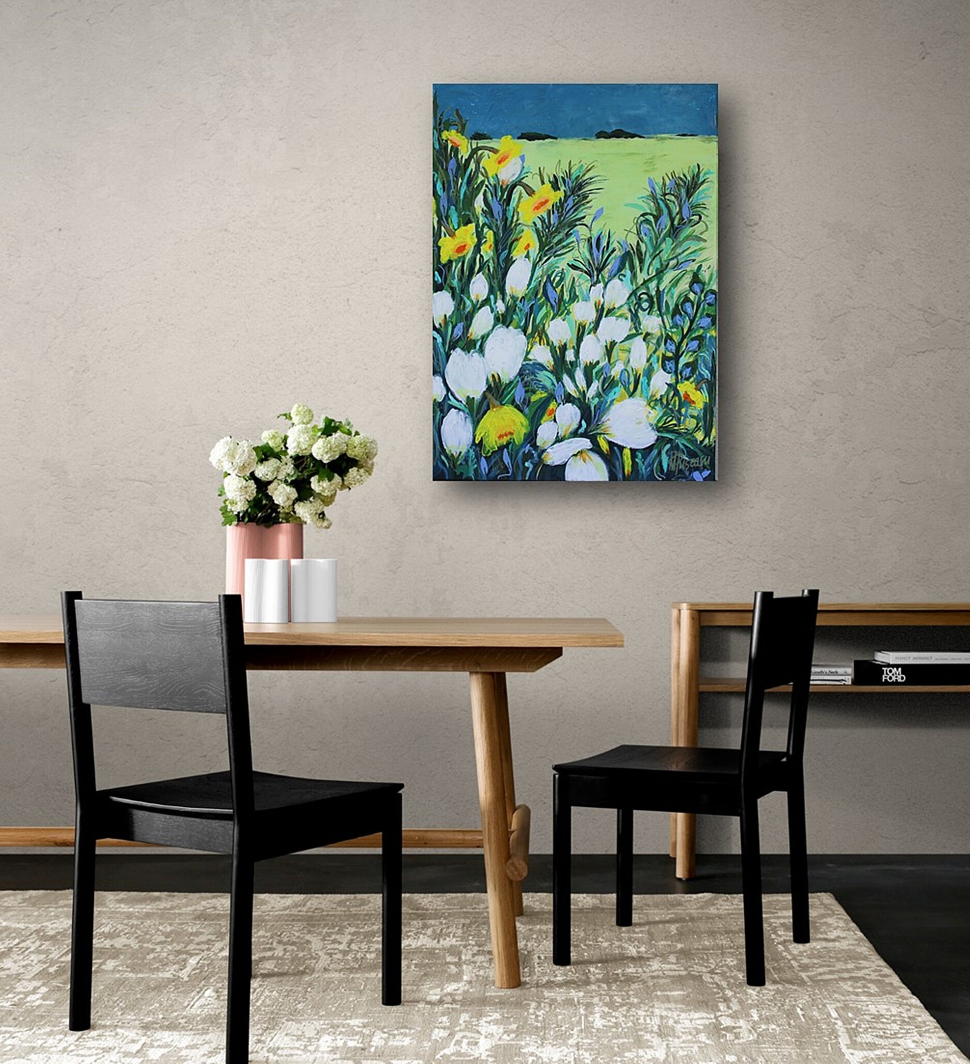 original floral painting, longing for far away, warmhouse, gift, acrylic paintings, flowers, blue, daffodils, bloom