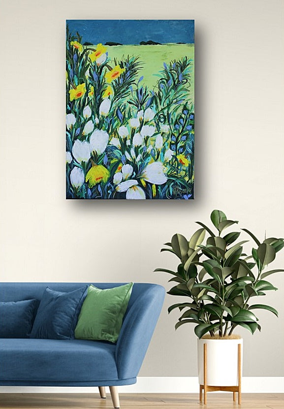 original floral painting, longing for far away, warmhouse, gift, acrylic paintings, flowers, blue, daffodils, bloom