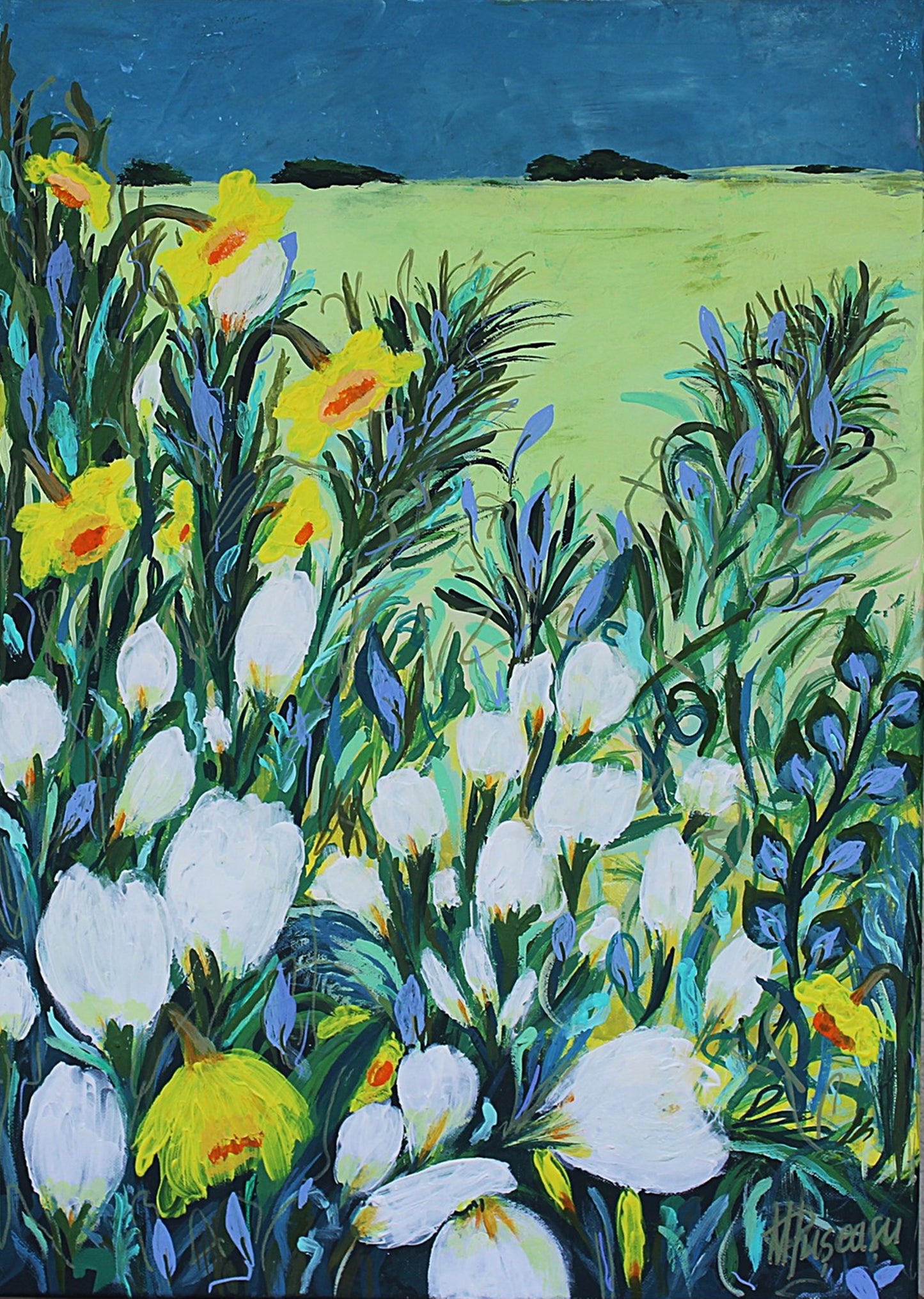 original floral painting, longing for far away, warmhouse, gift, acrylic paintings, flowers, blue, daffodils, bloom