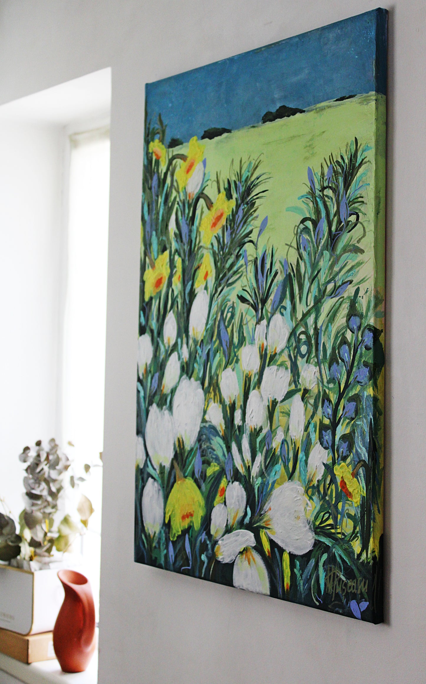 original floral painting, longing for far away, warmhouse, gift, acrylic paintings, flowers, blue, daffodils, bloom