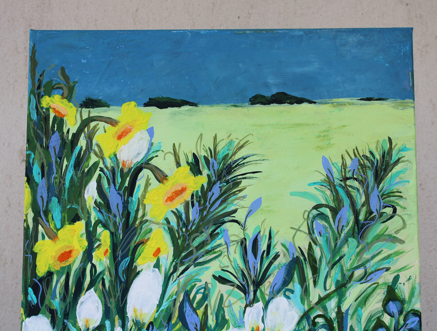original floral painting, longing for far away, warmhouse, gift, acrylic paintings, flowers, blue, daffodils, bloom