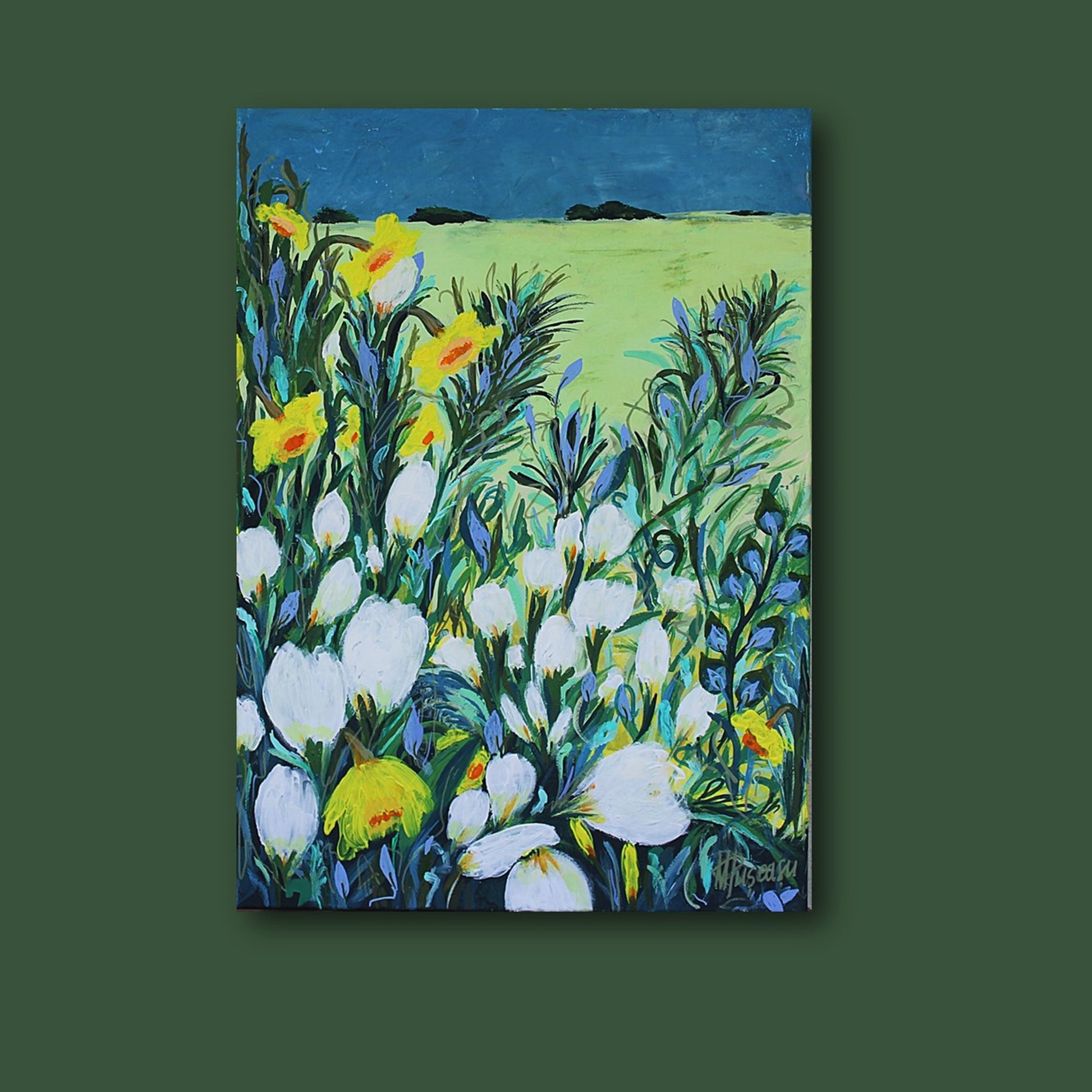 original floral painting, longing for far away, warmhouse, gift, acrylic paintings, flowers, blue, daffodils, bloom