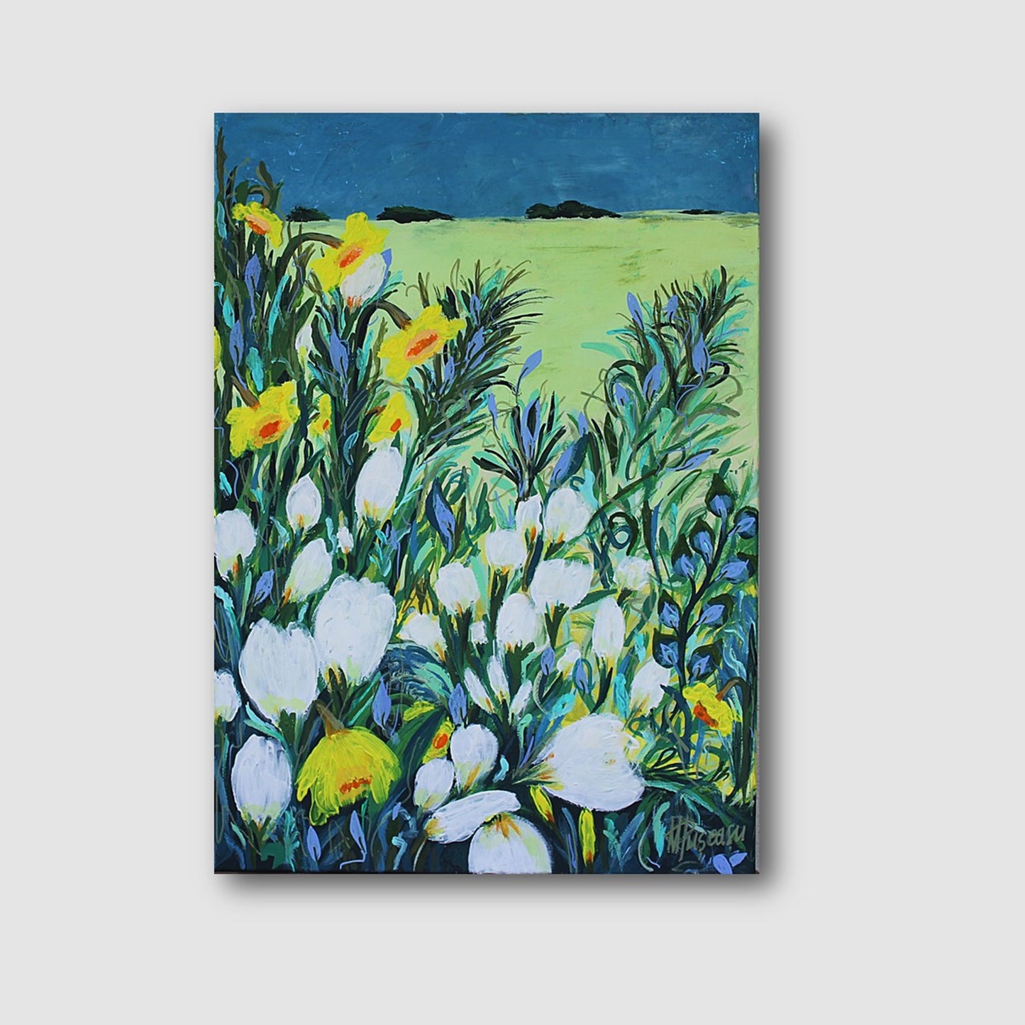 original floral painting, longing for far away, warmhouse, gift, acrylic paintings, flowers, blue, daffodils, bloom