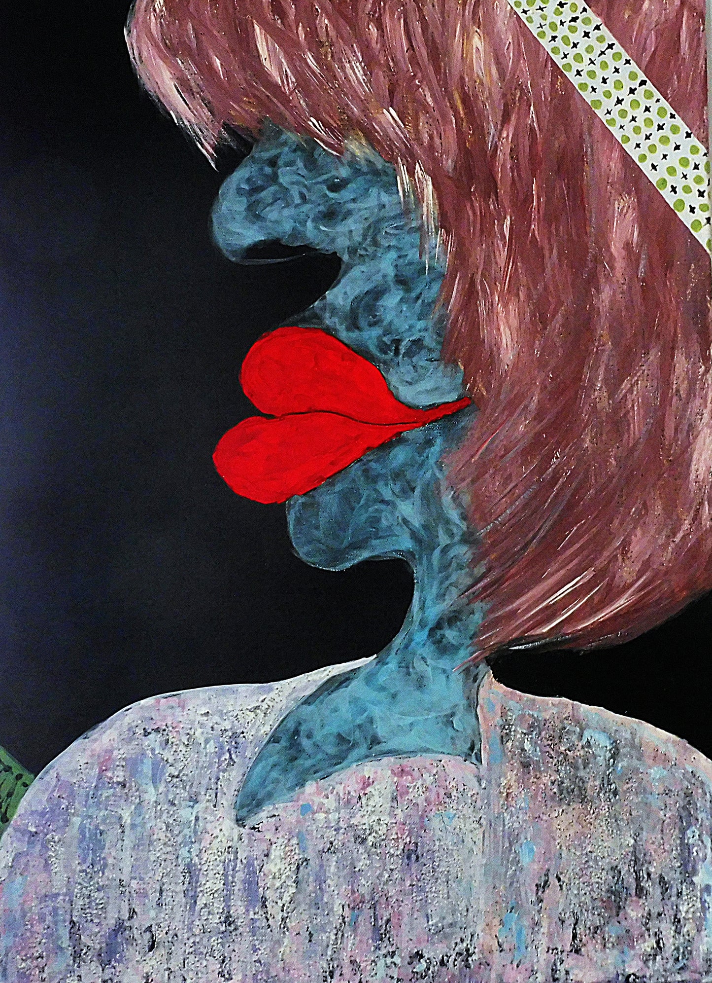 portrait painting | abstract portrait | ribon on hair | red | lips | art | acrylic | canvas | for sale | heavy textured | wall art | products |