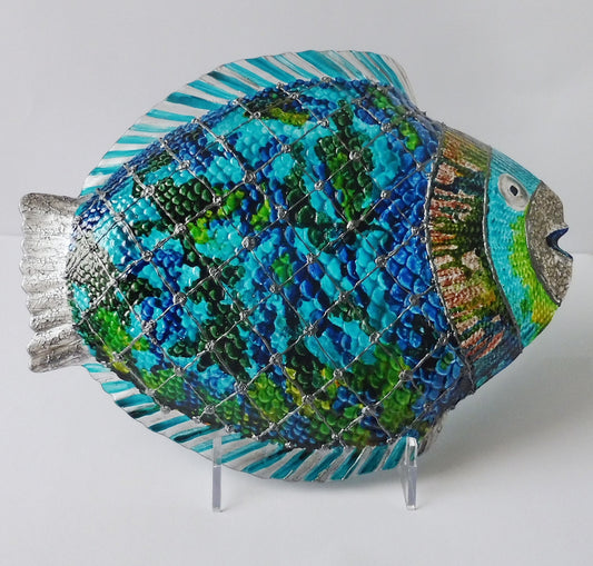 blue fish glass plate | fish painted glass plate | fish nautical decor | fish glass painted gift | fish coastal decor