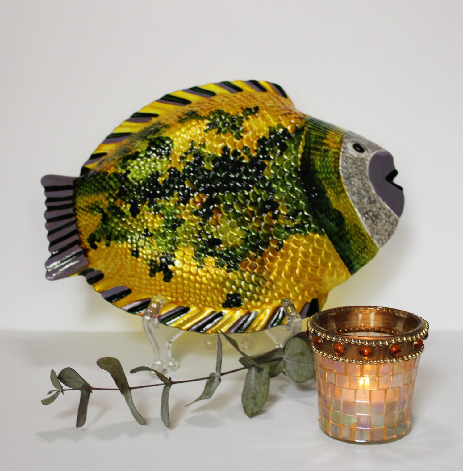 painted fish plate | entry table decor | painted glass fish | decorative fish plate | yellow fis