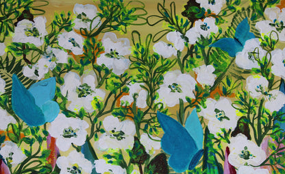 A colorful floral painting featuring white blossoms, green leaves, and bright blue butterflies on a warm yellow background.