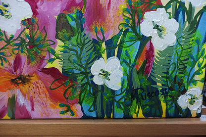 Close up details of Blue Butterflies painting with the artist signature