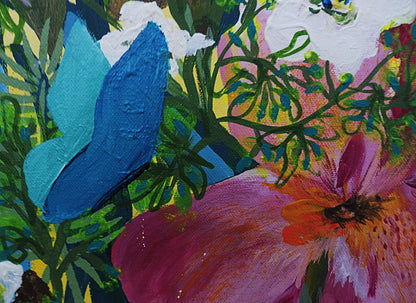 Close-up of a colorful painted floral scene with a large pink flower,a blue btterfly , green stems, and white areas, rendered in an expressive textured style.