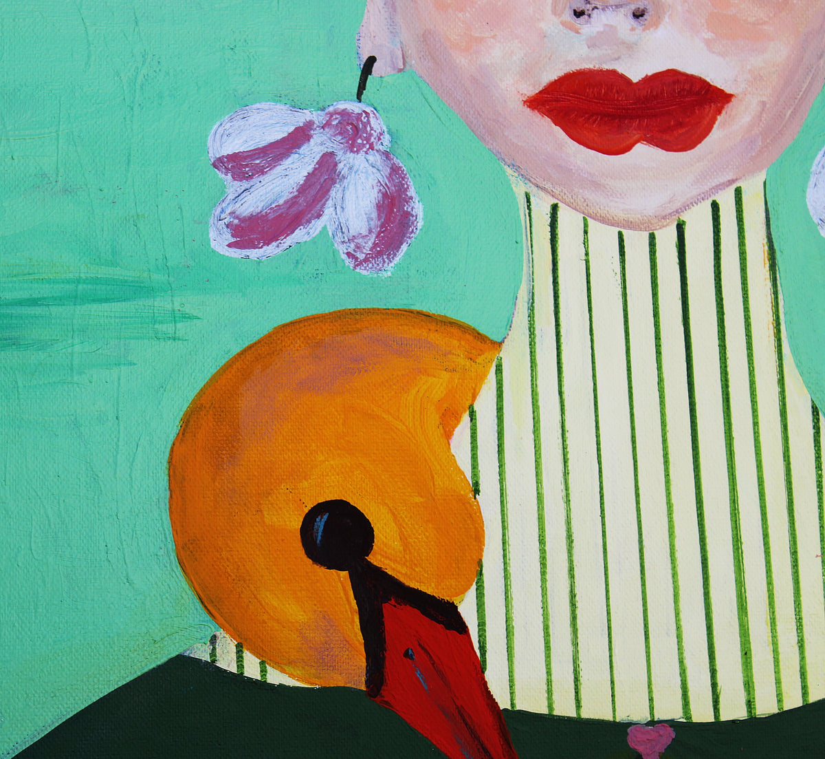 A close-up of a colorful painting featuring a stylized face with red lips, a pink-and-white flower, a green striped shirt, and an orange abstract shape on a textured fresh green background.