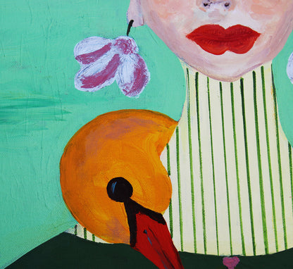 A close-up of a colorful painting featuring a stylized face with red lips, a pink-and-white flower, a green striped shirt, and an orange abstract shape on a textured fresh green background.
