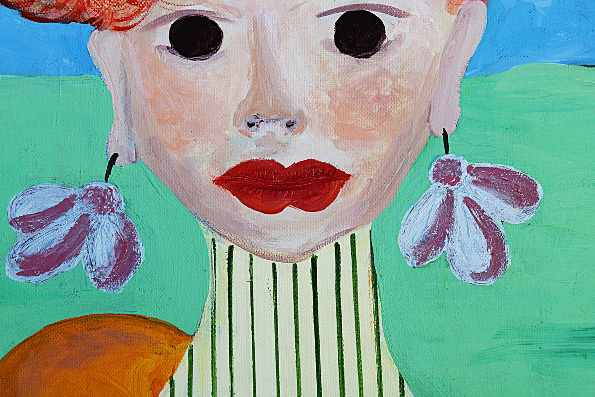 A colorful painted portrait of a woman's face with oversized black eyes, red lips, a green background, striped clothing, and flower-shaped earrings.