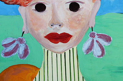 A colorful painted portrait of a woman's face with oversized black eyes, red lips, a green background, striped clothing, and flower-shaped earrings.