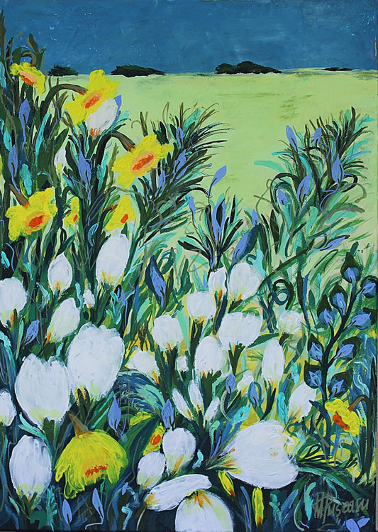 original floral painting, longing for far away, warmhouse, gift, acrylic paintings, flowers, blue, daffodils, bloom 