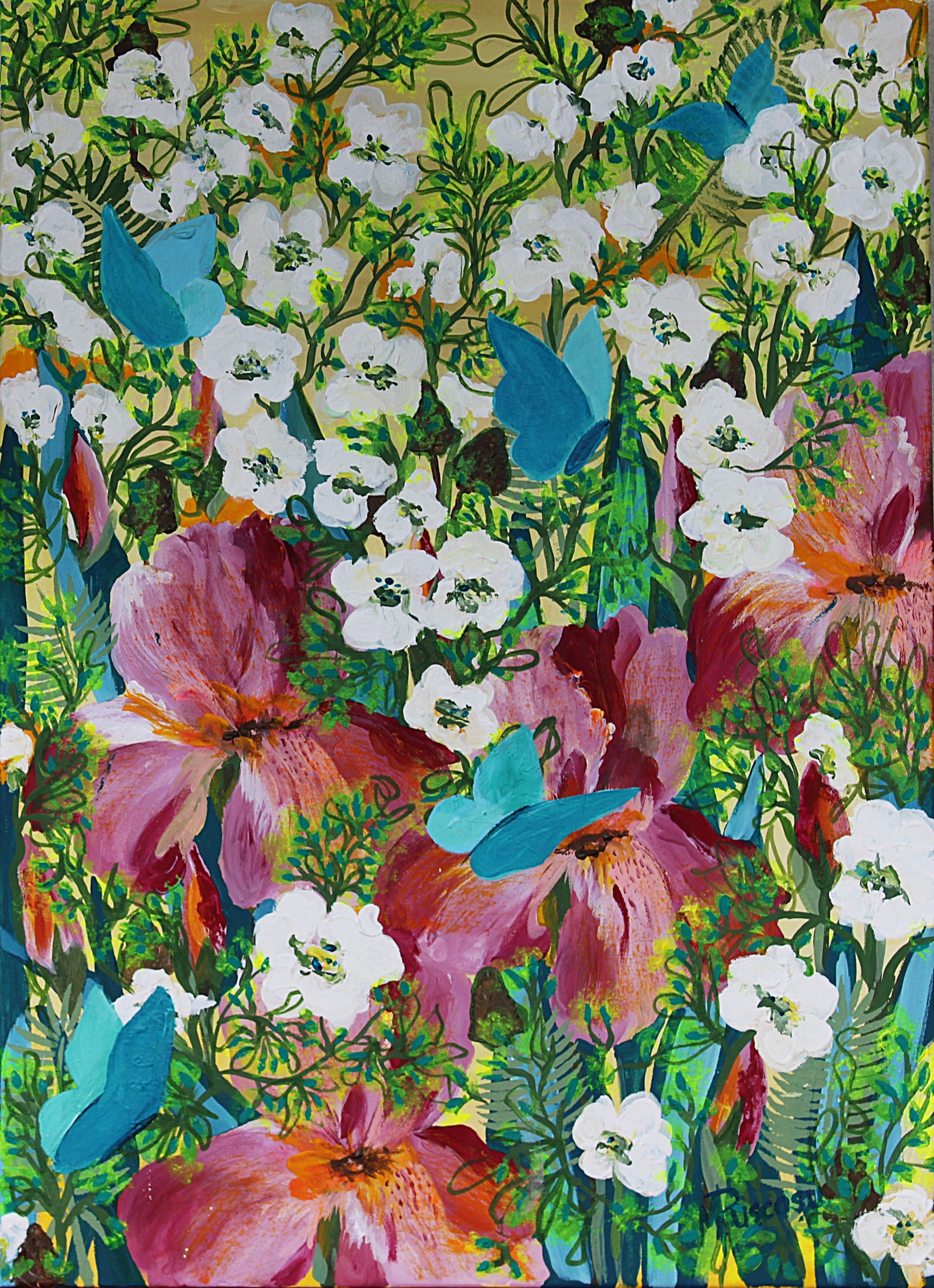 Vibrant floral painting featuring large pink and burgundy irisis flowers, numerous small white blossoms, green foliage, and several bright blue butterflies across the composition.