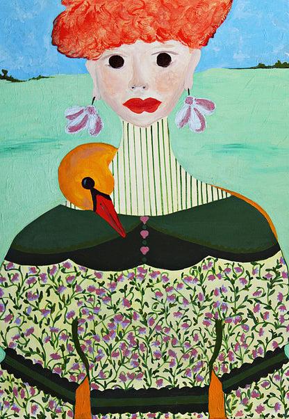 A stylized folk-art portrait painting of a woman with bright orange-red hair, a striped neck, a floral dress, and a yellow-orange bird on her shoulder, set against a blue sky and green landscape.