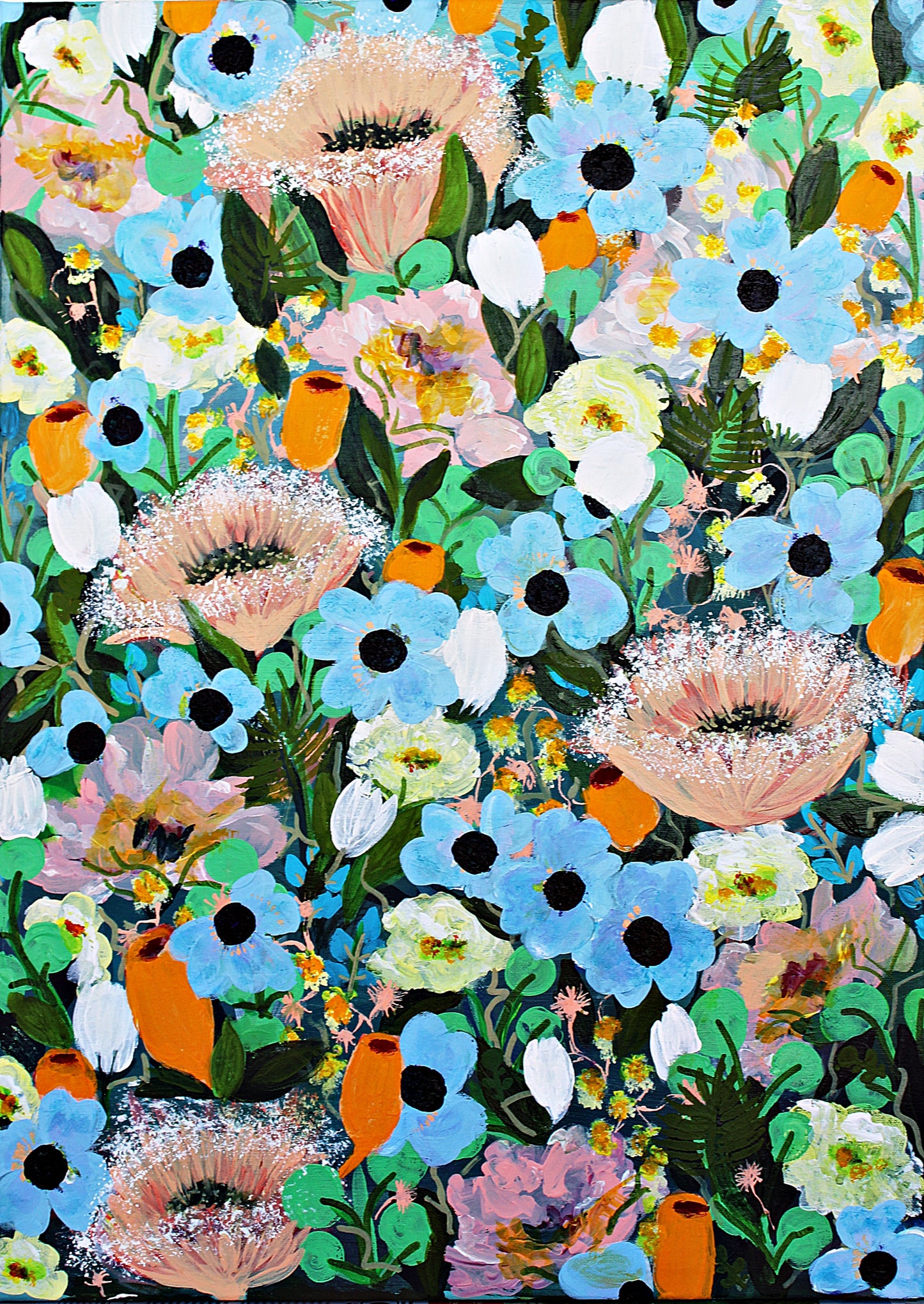 Frontal view of original floral painting with coloful summer plants 