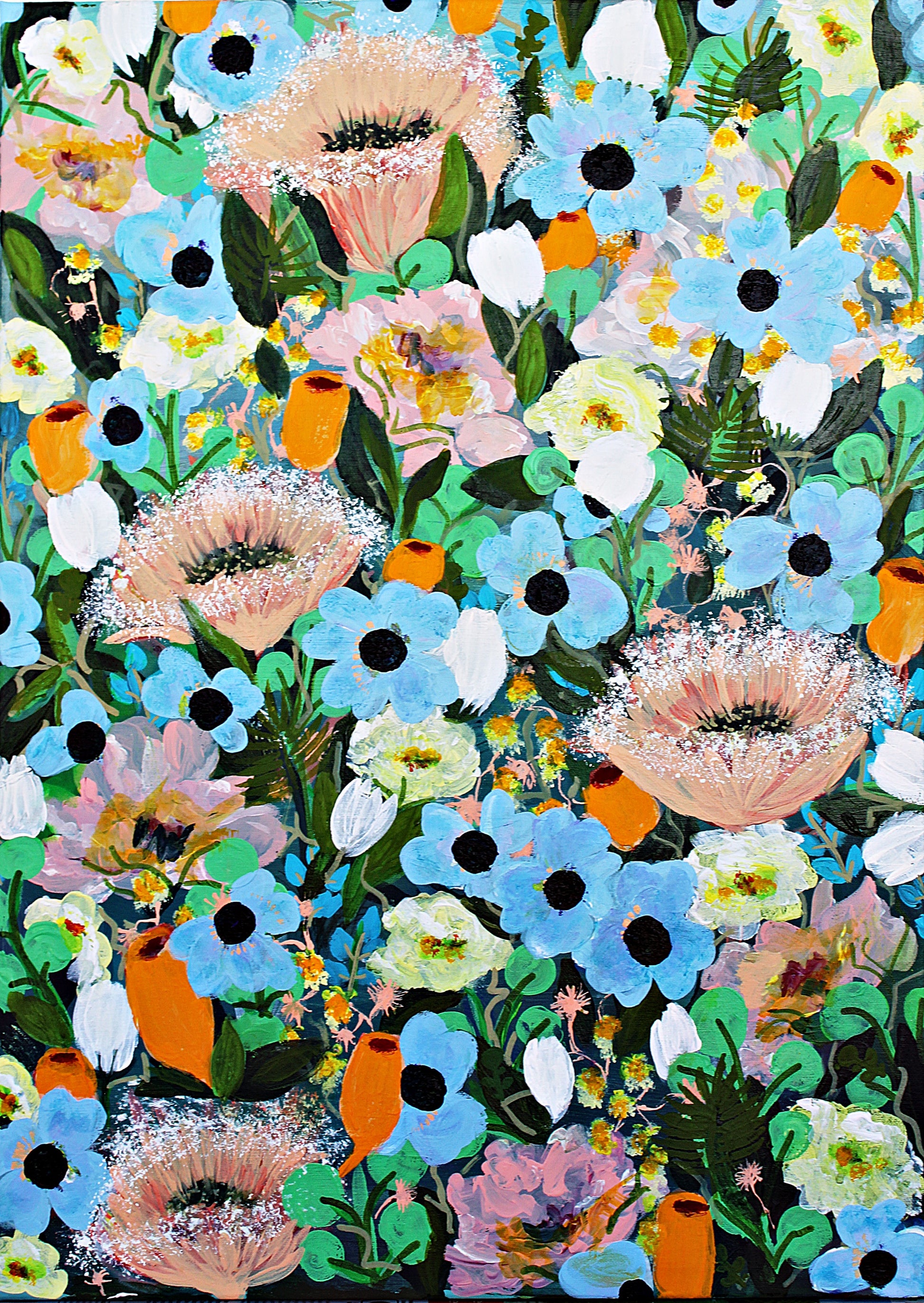 Frontal view of original floral painting with coloful summer plants 