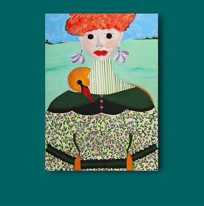 INVISIBLE WINGS- portrait painting with a yellow swan displayed on a green wall