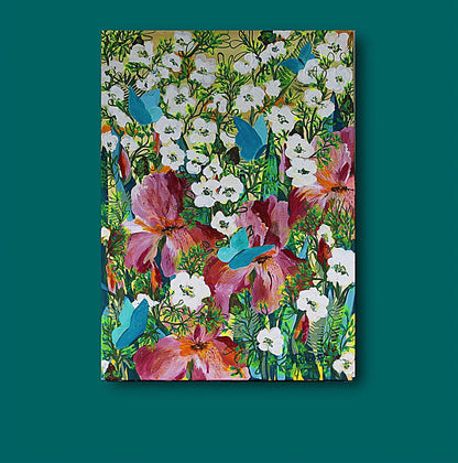 Original floral painting with blue butterflies, white delicate flowers and purple irisis  dislayed on  green wall