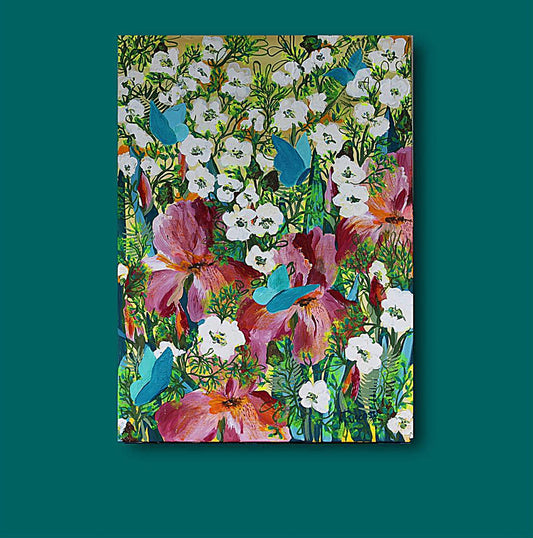 Original floral painting with blue butterflies, white delicate flowers and purple irisis  dislayed on  green wall