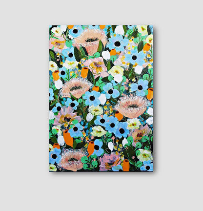 Original painting on canvas with a colorful floral pattern on a light grey background