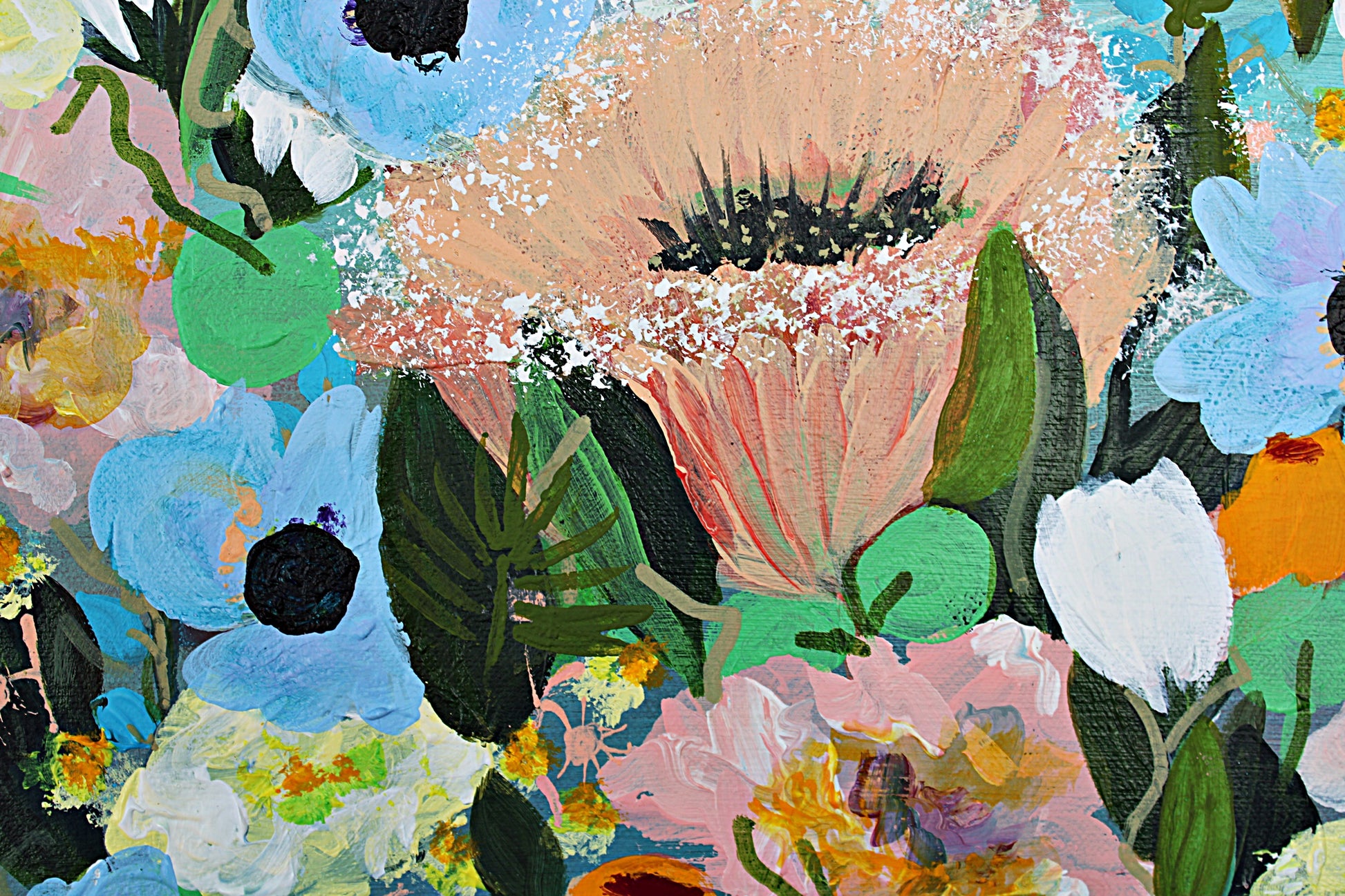 Close up details of colorful floral collage with various flowers and leaves