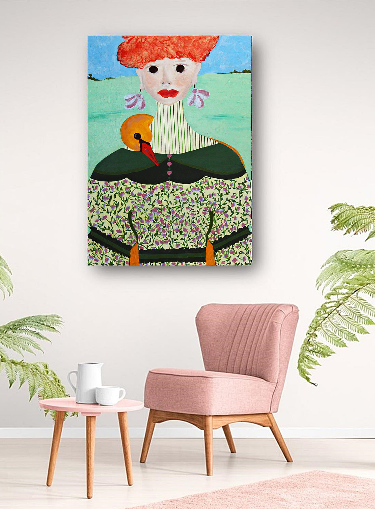 Portrait painting with a lady displayed in a cozy room 