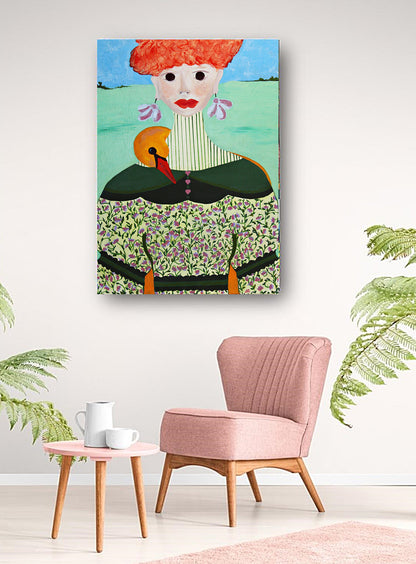 Portrait painting with a lady displayed in a cozy room 