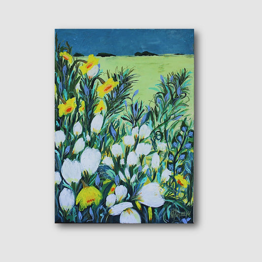 original floral painting, longing for far away, warmhouse, gift, acrylic paintings, flowers, blue, daffodils, bloom