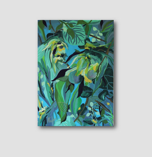 Floral painting - READY TO PICK- blue contemporary painting, flowers, fruits