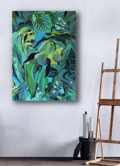 Floral painting - READY TO PICK- blue contemporary painting, flowers, fruits