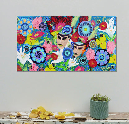 in room | painting | floral | large | abstract | lilies | daisies | garden| carnival | masks |venice