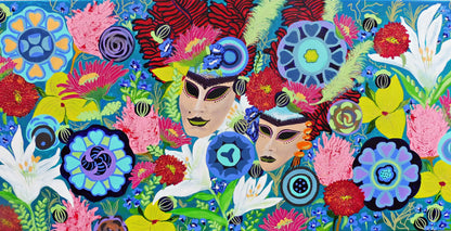 carnival garden | abstract floral painting | large flowers painting | floral | flowers | carnival | venice | masks | garden | white lilies | fucsia | daisies | eclectic art