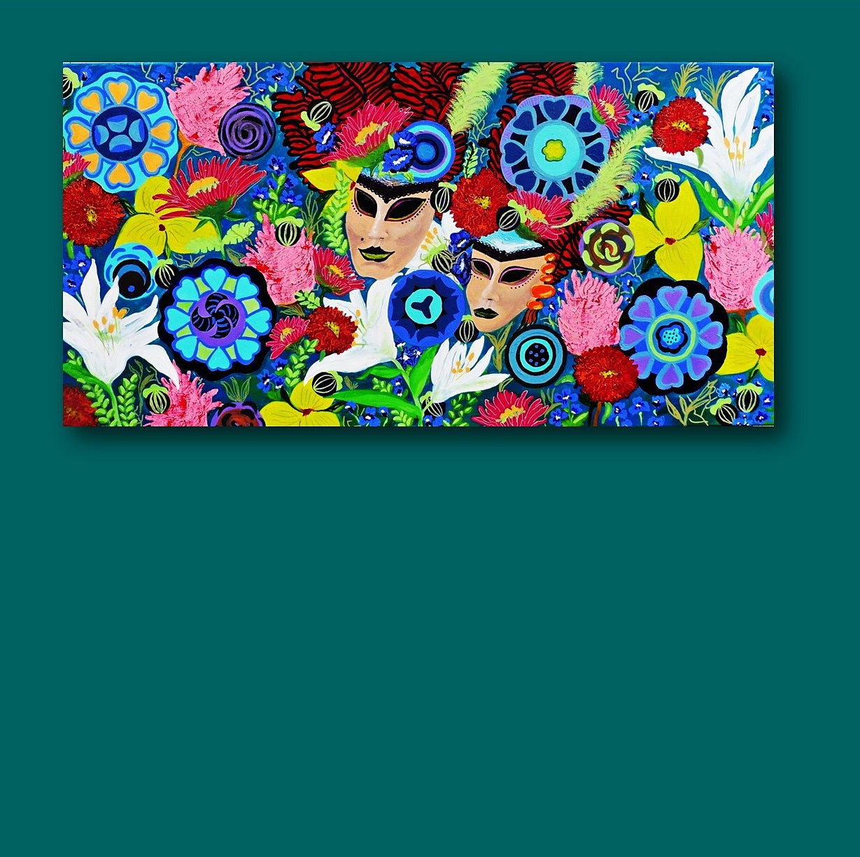 carnival garden painting | large floral painting | flowers | masks