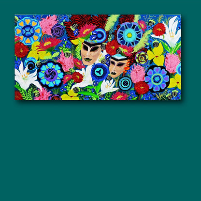 carnival garden painting | large floral painting | flowers | masks